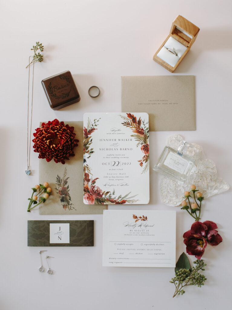 fall wedding flat lay on plain white background