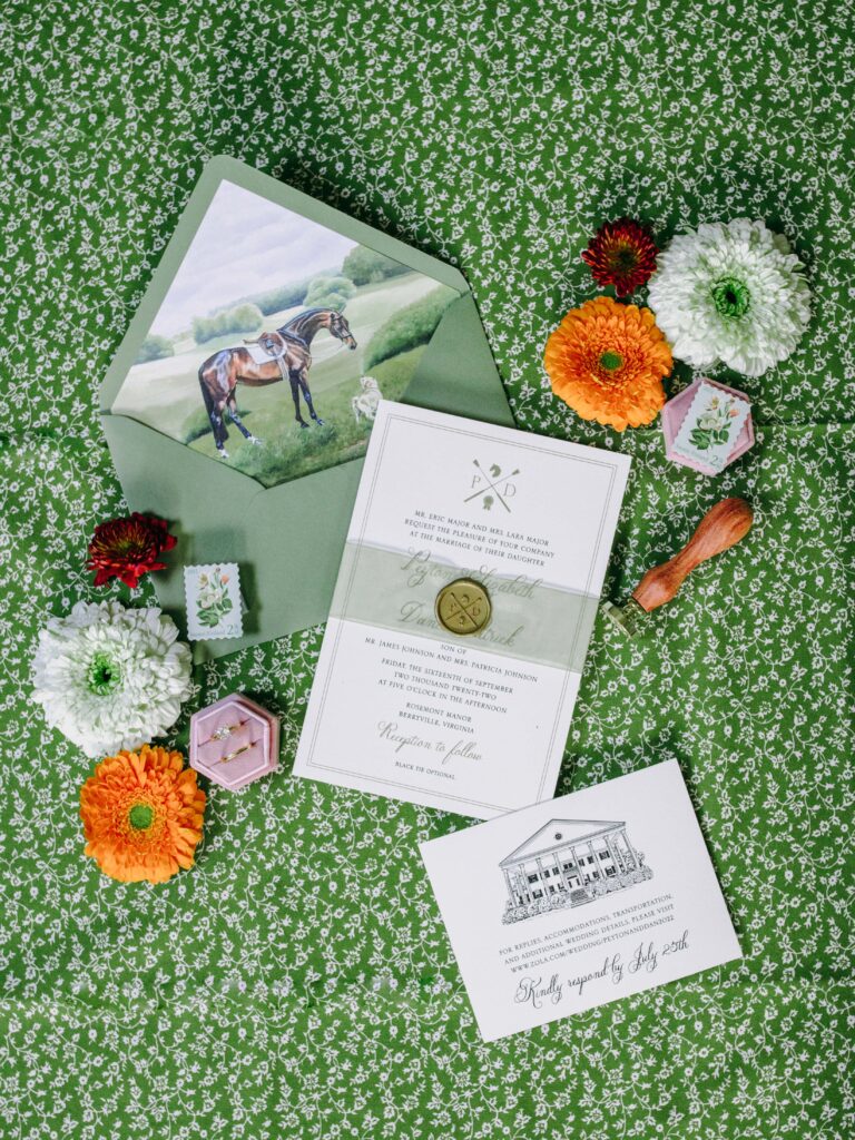 designed green pattern fabric for wedding photography flat lay